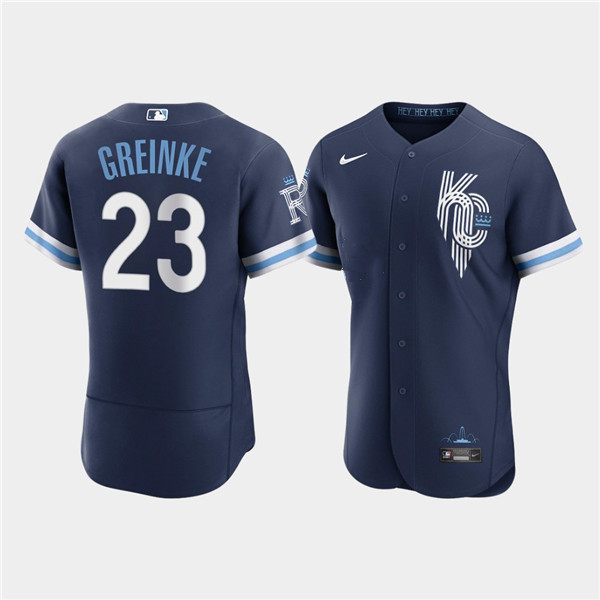 Men's Kansas City Royals #23 Zack Greinke 2022 Navy City Connect Flex Base Stitched Jersey